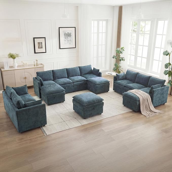 80" Cloud Modular 3 Seater Sofa with 2 Storage Ottoman, Modern Upholstered Storage Sofa Couch Deep Seat, U Shape Sectional Sofa Chenille Comfy Couch with Armrests for Living Room, Small Space, Blue