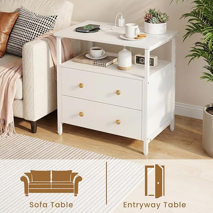 Edbuosy 27 inch Wide Night Stand with Charging Station, Bedside Table with Open Shelf, 2 Drawers Small Wood Dresser, Modern Wood Nightstand for Bedroom/Living Room, White