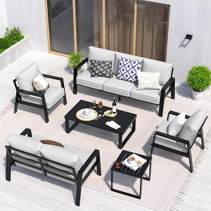 2 Pieces Aluminum Outdoor Armchair, Oversized Patio Couch, Modern Sofa All Weather Metal Furniture Set with 5" Cushions (Black/Light Grey)