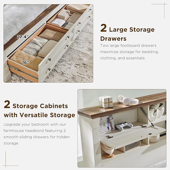 Farmhouse Queen Size Bed Frame with 54" Tall Storage Bookcase Headboard, Wood Platform Bed Frame with 2 Drawers & 18" Tall Roman Column Decoration Footboard, No Box Spring Needed(Antique White)