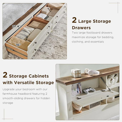 Farmhouse Queen Size Bed Frame with 54" Tall Storage Bookcase Headboard, Wood Platform Bed Frame with 2 Drawers & 18" Tall Roman Column Decoration Footboard, No Box Spring Needed(Antique White)