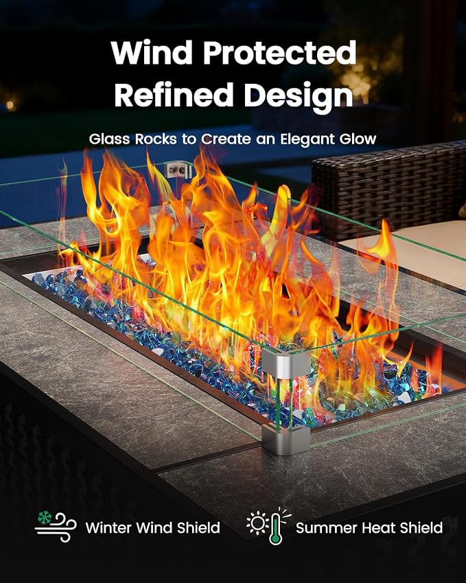 Ciays 43″ Fire Pit Table, Outdoor Propane Fire Pit Table with Premium Ceramic Tabletop, Glass Wind Guard, Lid, Glass Rock, 50,000 BTU CSA-Certified Gas Fire Pits for Outside Patio, Party, Deck