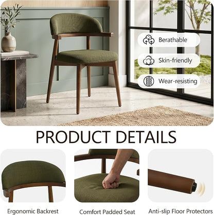 MOJAY Dining Chairs Set of 4 Walnut, Linen Green with Curved Armrests