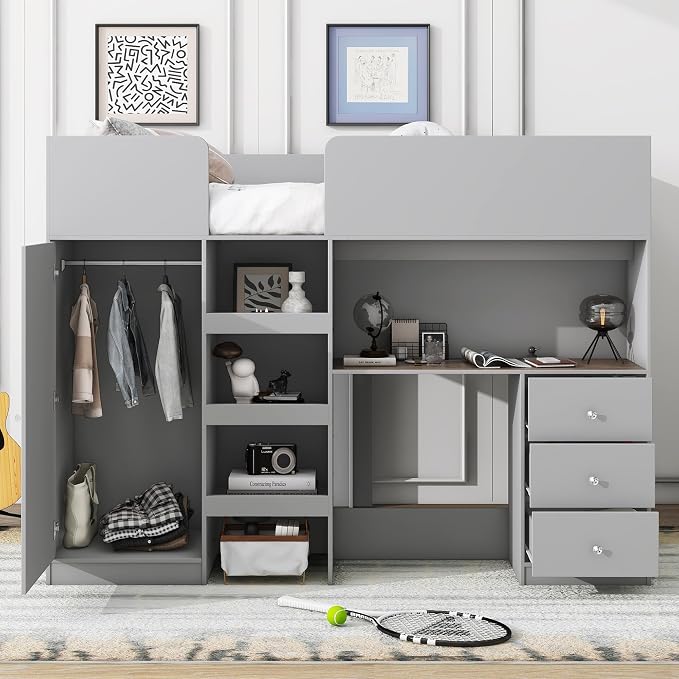 Ball & Cast Twin Size House Shape Loft Bed with Ladder & Safety Guardrail,Wooden Platform Bedframe W/Wardrobe & Under-Bed Play Space,Space-Saving,No Box Spring Needed,for Boy Girl Teens Bedroom,Grey