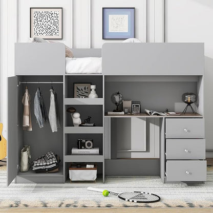 Ball & Cast Twin Size House Shape Loft Bed with Ladder & Safety Guardrail,Wooden Platform Bedframe W/Wardrobe & Under-Bed Play Space,Space-Saving,No Box Spring Needed,for Boy Girl Teens Bedroom,Grey