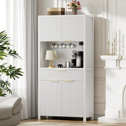 Lulive White Fluted Pantry Cabinet with Charging Station, Adjustable Shelves, Spacious Kitchen Storage Organizer with Open Countertop, Kitchen Hutch with Storage Drawers for Dining & Living Room | Adjustable Shelves, Open Countertop, Drawer, Spacious K...