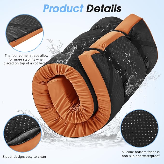 CYMULA 3 Inch Memory Foam Camping Pad, Camping Essentials Roll Up Floor Mat for Car Camping, Cot, Tent, Truck, Travel and Guest Use, Non-Slip Waterproof Bottom, Removable Cover