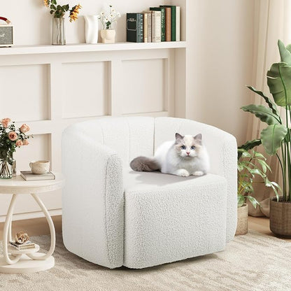Giantex 360° Swivel Accent Chair Set of 2- Sherpa Upholstered Boucle Barrel Club Chair with Padded Armrests, Modern Round Arm Chair for Reading, Living Room, Bedroom, Office, White Teddy
