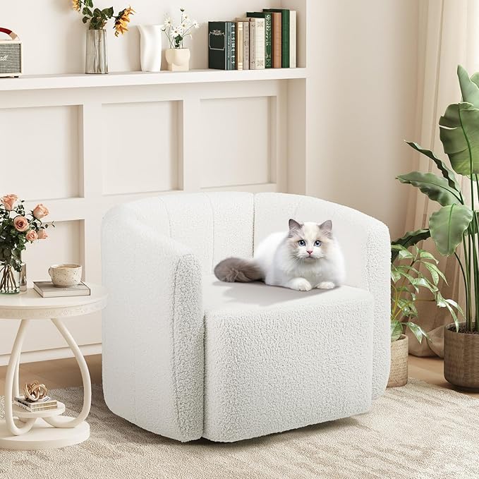 Giantex 360° Swivel Accent Chair - Sherpa Upholstered Boucle Barrel Club Chair with Padded Armrests, Modern Round Arm Chair for Reading, Living Room, Bedroom, Office, White Teddy