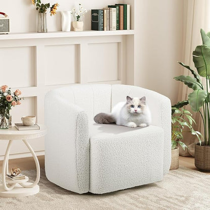 Giantex 360° Swivel Accent Chair - Sherpa Upholstered Boucle Barrel Club Chair with Padded Armrests, Modern Round Arm Chair for Reading, Living Room, Bedroom, Office, White Teddy