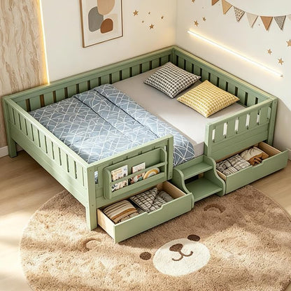 Bellemave Queen Bed with Storage Drawers & Bookshelf, Low Profile Kids Bed Frame with Staircase & Full Length Guardrails, Solid Wood Queen Bed for Kids with Slats Load 550LBS, Easy Assembly, Green