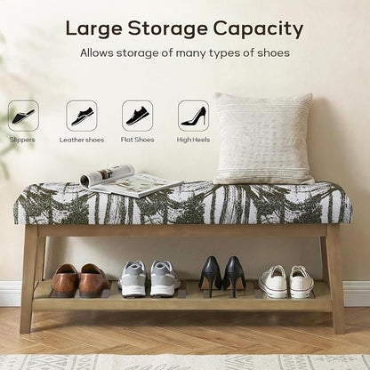 Entryway Bench with Cushion, Upholstered Shoe Rack Bench with Solid Wood Shelf, 44" End of Bed Bench for Bedroom, Chenille Fabric Storage Bench for Entryway, Hallway, Living Room (Textured Green)
