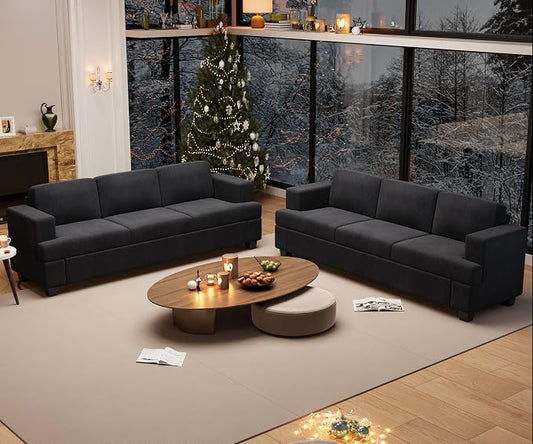 YOUDENOVA 2 Piece Set Comfy Sofa Couch, 2 3-Seater Sofa with Deep Seats, Modern Sleeper Couch for Living Room, Black Corduroy