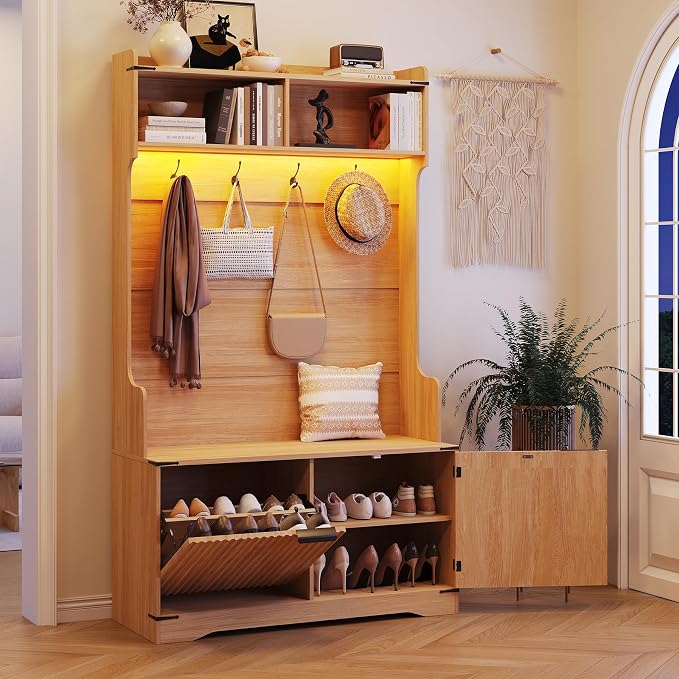 Maupvit 67" Tall Modern Boho Hall Tree with Bench and Shoe Storage, Entryway Fluted Hall Tree, Mudroom Bench with Flip Drawers, 4 Hooks, Adjustable LED Light for Garage, Living Room, Oak