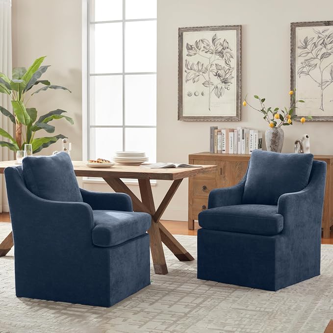 VKNOW Upholstered Dining Chairs Set of 6, Modern Kitchen Chairs Dinner Chairs with 4 Casters, Chenille Armchair for Bedroom Reading Room Living Room, Blue