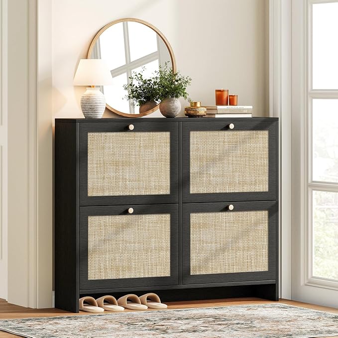 Nicetree Shoe Cabinet Storage for Entryway, 4-Flip Drawer Narrow Shoe Rack with Adjustable Shelves, Boho Modern Square Rattan Shoe Organizer, Slim Wood Storage Cabinets for Small Spaces Fits Size 13.5