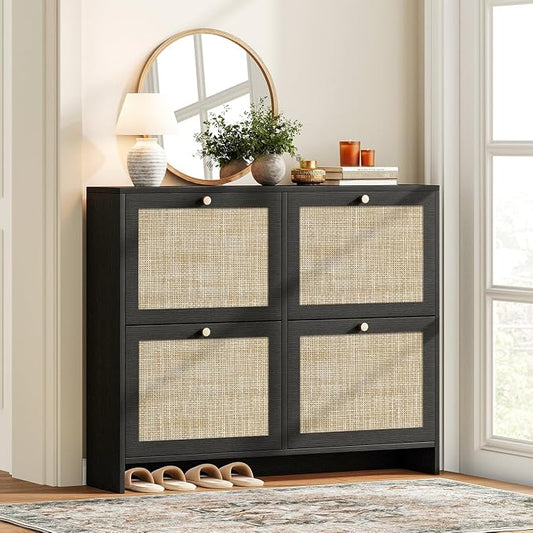 Nicetree Shoe Cabinet Storage for Entryway, 4-Flip Drawer Narrow Shoe Rack with Adjustable Shelves, Boho Modern Square Rattan Shoe Organizer, Slim Wood Storage Cabinets for Small Spaces Fits Size 13.5