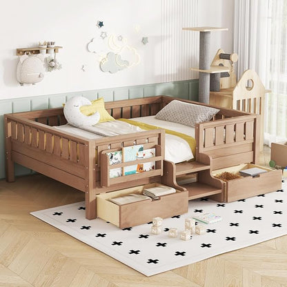 Bellemave Full Kids Montessori Bed with Stairs, Bookshelf and Drawers, Solid Wood Kids Bed Frame with Storage for Boys Girls, Low Profile,Dark Natural