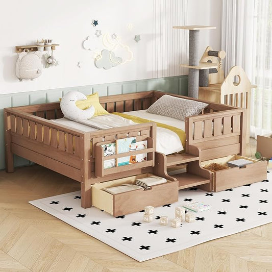 Bellemave Full Kids Montessori Bed with Stairs, Bookshelf and Drawers, Solid Wood Kids Bed Frame with Storage for Boys Girls, Low Profile,Dark Natural