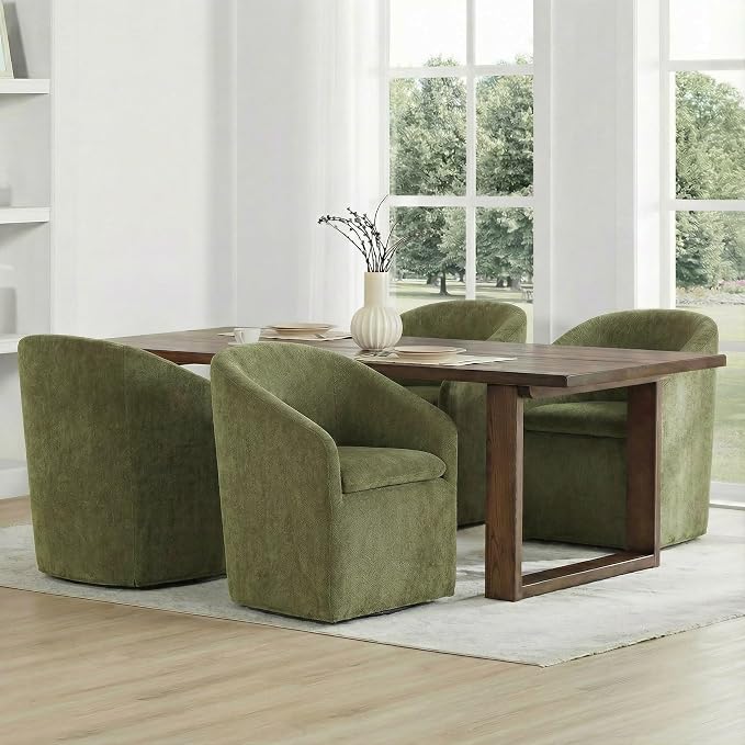 KISLOT Upholstered Dining Chairs Set of 1 with Casters, Modern Side Barrel Armchair with Washable Slipcover & Sturdy Metal Frame for Diningroom Bedroom Livingroom Reading Room, Green Fabric