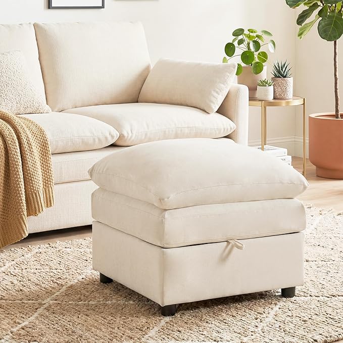 Iroomy 25" Chenille Ottoman, 9.5" Thick Cushion, Upholstered Footrest Modern Footstool & Bench for Living Room, Bedroom, Beige