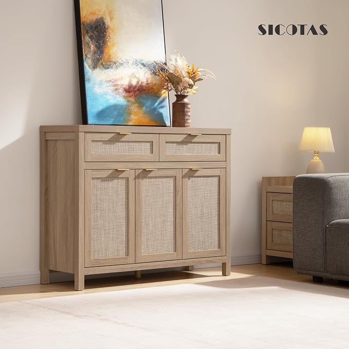 SICOTAS Rattan Sideboard Buffet Cabinet with Storage, Boho Credenza Accent Cabinet with 3 Doors and 2 Drawers, Farmhouse Console Coffee Bar for Kitchen Living Room Entryway, Light Oak, 2 PCS