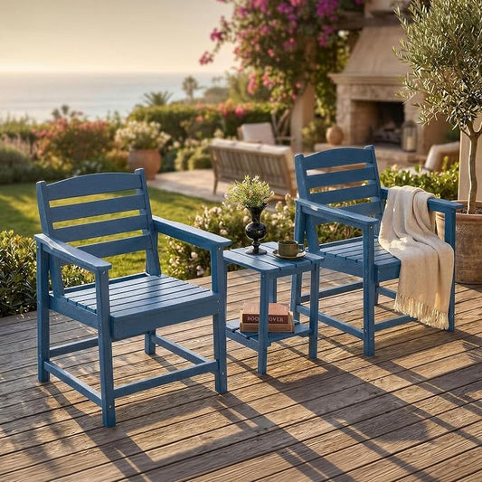 Furnimart 3-Piece Patio Bistro Set, HDPE Outdoor Chairs Set of 2 and Side Table, All-Weather Outdoor Furniture Set, Modern Conversation Sets with Coffee Table for Garden, Balcony, Porch, Blue