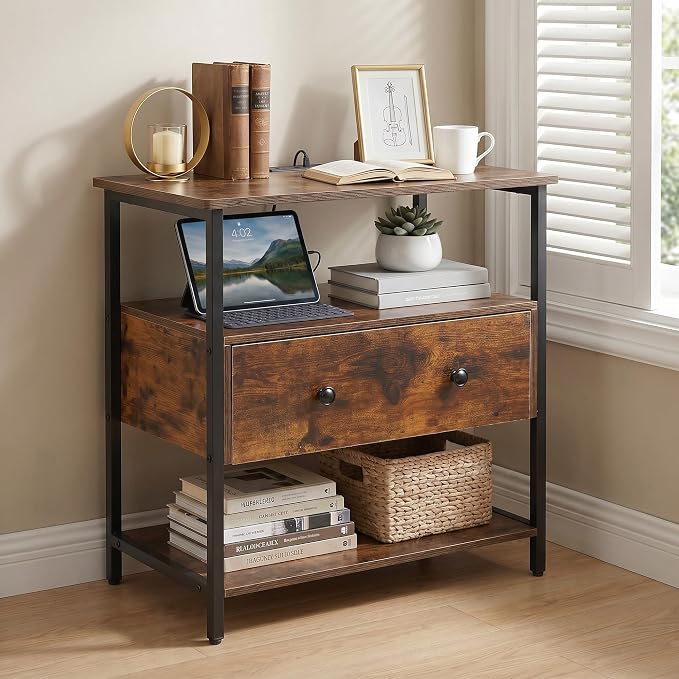 Edbuosy 27 Inch Wide Night Stand with Charging Station, Wood Nightstand with Open Shelf, Large Drawer Bedside Table for Living Room/Bedroom/Office, Retro Brown