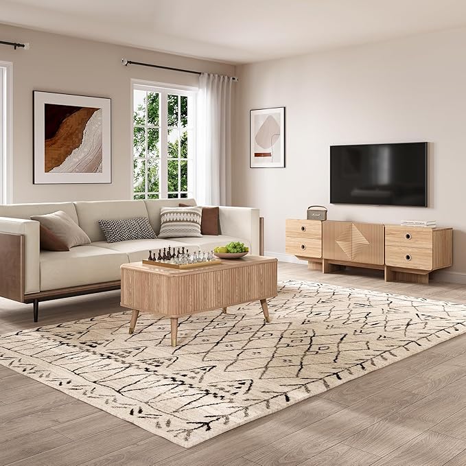 Lift Top Coffee Table with Storage, Mid Century Modern Coffee Table with Solid Wood Legs, 38" Minimalist Fluted Center Table for Living Room, Home Office, Natural Oak