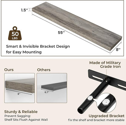 RICHFOCUS 55Inch Floating Shelves for Wall 2 Pack Shelves for Bedroom|Kitchen|Bathroom Wall Mounted Rustic Wood Floating Shelf with Invisible Brackets for Books|Storage|Decor, Grey