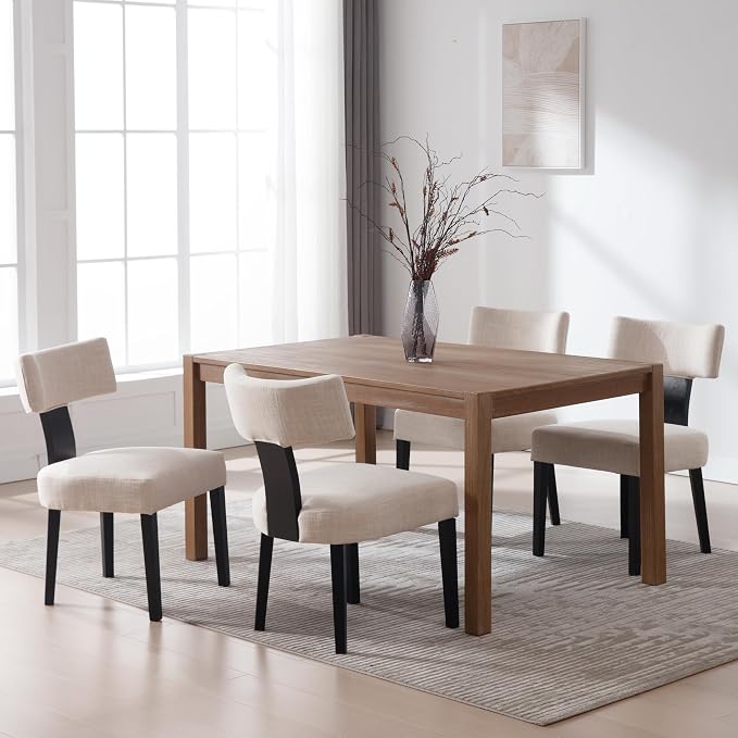 RIVOVA Mid Century Modern Dining Chairs Set of 4 Farmhouse Linen Fabric Upholstered Dining Room Chairs Kitchen Chairs with Curved Backrest Black Wood Legs, Beige