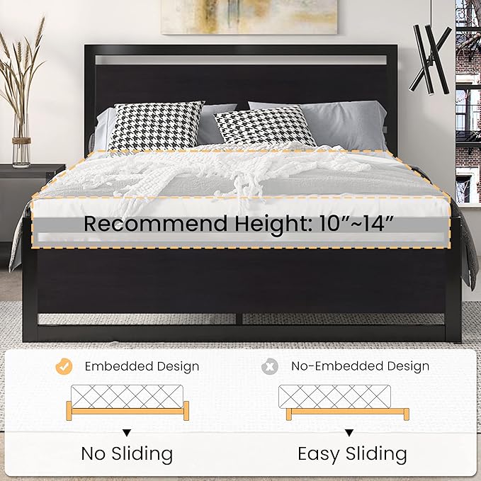 SHA CERLIN Heavy Duty Full Size Bed Frame with Modern Headboard，Black | Platform Metal Base with Square Footboard and 13 Strong Slats Support, No Box Spring Needed
