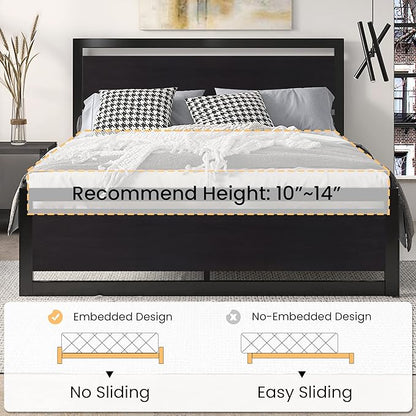 SHA CERLIN Heavy Duty Queen Size Bed Frame with Modern Headboard，Black | Platform Metal Base with Square Footboard and 13 Strong Slats Support, No Box Spring Needed