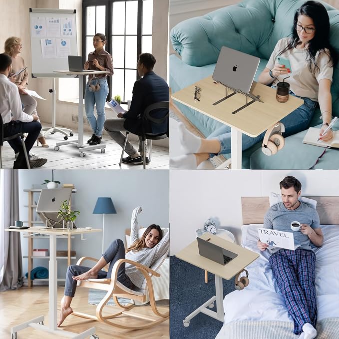 18.9*25.6 inch Mobile Standing Desk,T Shaped Pneumatic Adjustable Height Stand Up Desk,with Lockable Wheels,Ergonomic Standing Side Table for Home Office Work Computer Workstation MAPLE+WHITE