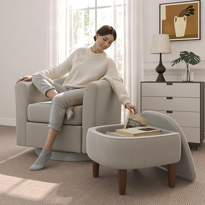 Swivel Accent Chair with Storage Ottoman Set of 2, Modern Velvet Barrel Chair, Upholstered Armchair with Footrest for Living Room/Reading/Bedroom, 25.4'' D x 28.35'' W x 24.4'' H, White