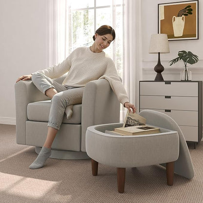 Swivel Accent Chair with Storage Ottoman Set of 2, Modern Velvet Barrel Chair, Upholstered Armchair with Footrest for Living Room/Reading/Bedroom, 25.4'' D x 28.35'' W x 24.4'' H, White