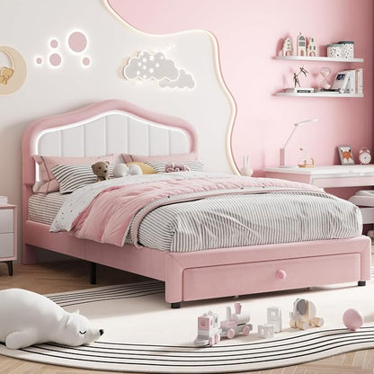 Full Upholstered Bed Frame With Storage Drawer and Smart Led Headboard, Princess Full Size Platform Bed Frames for Kids/Girls, Wooden Slats Support, No Box Spring Needed, Easy Assembly, Pink