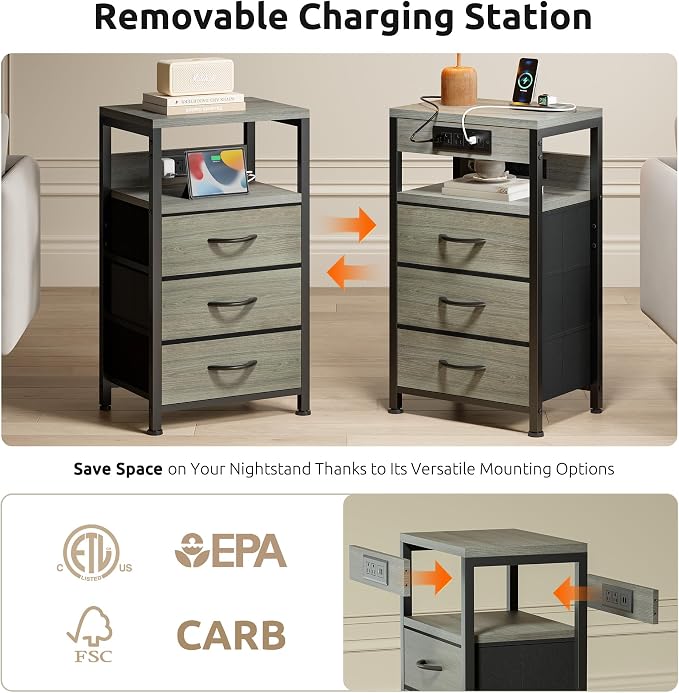 Lazzanto NightStand Bedside Charging Table Bedroom - Night Stand with Charger Station, Modern Nightstand with Open Shelf & 3 Fabric Drawers, End Table with USB-C USB Ports & AC Outlets for Dorm, Grey