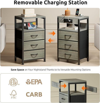 Lazzanto NightStand Bedside Charging Table Bedroom - Night Stand with Charger Station, Modern Nightstand with Open Shelf & 3 Fabric Drawers, End Table with USB-C USB Ports & AC Outlets for Dorm, Grey