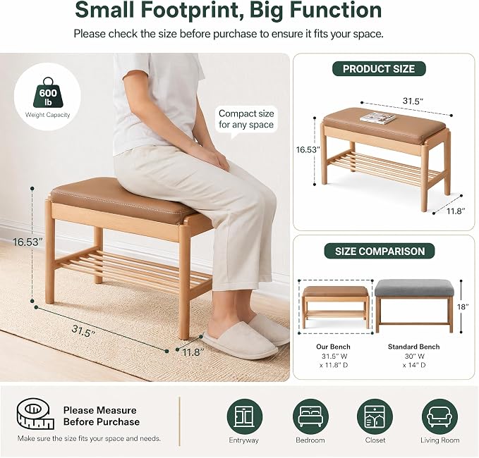 Solid Wood Shoe Bench Assembled, Shoe Rack Bench with Silicone Leather Cushion for Entryway, Living Room, Bedroom, Hallway, 11.8" x 31.5" x 16.5", Natural & Brown