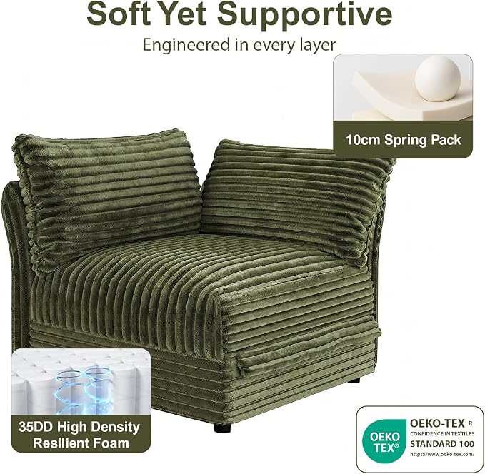 DreamDashio Oversized Sectional Sofa, Extra Wide Deep Seat Detachable Modular Cloud Couch, Certified Corduroy Fabric, Storage & Adjustable Arms, for Spacious Living Room, 6-Seat L-Shaped, Green