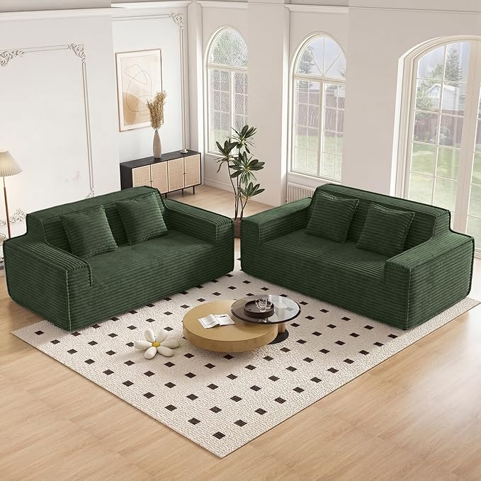 75'' Modern Cloud Loveseat Sofa Set of 2, No Assembly Required Comfy Deep Seat Couches 2 pcs for Living Room, Bedroom, Apartment (Corduroy-Green)
