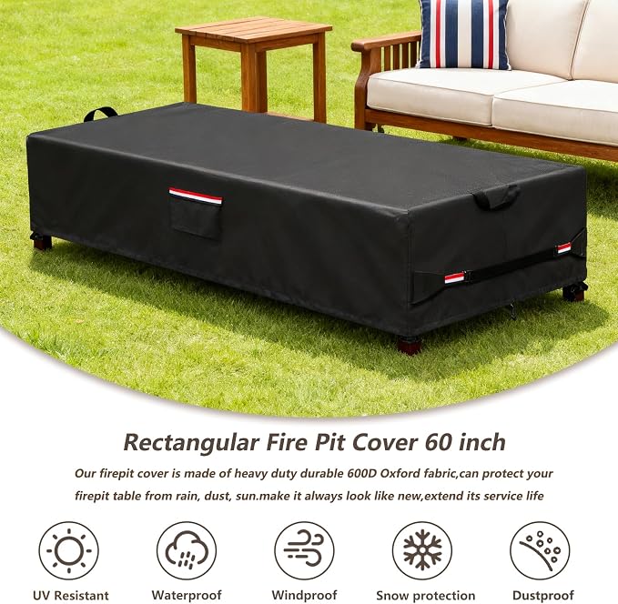 Rectangular Fire Pit Cover 60 inch,Heavy Duty 600D Waterproof Propane Gas Fire Pit Table Cover,Also Suitable for Outdoor Waterproof Firepit Table Cover 60 X 28 X 17 Inch Black