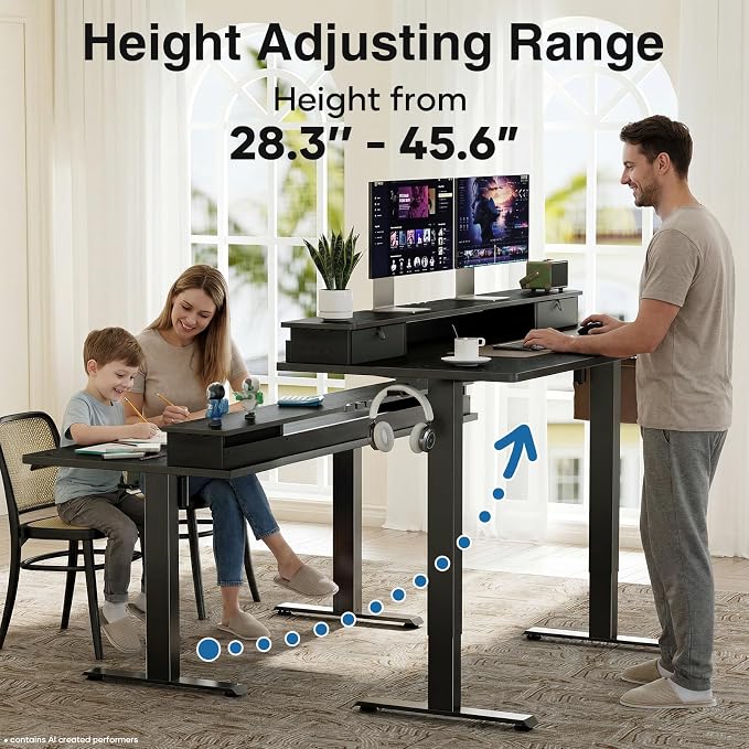 Veken 55x26 in Electric Standing Desk with Drawers, Adjustable Table, Black | Stand up Computer Desk for Home Office, Work & Study, with Storage, 3 Memory Presets, Cable Organizer, Hook, and Quiet Lift.