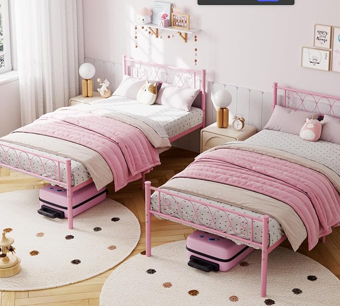 GarveeHome Twin-XL Size Bed Frame, Metal Platform Bed Frame with Headboard and Footboard, 12.2 in Bed Frame with Strong Metal Slats Support, Under Bed Storage, No Box Spring Needed, Pink