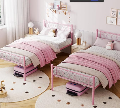 GarveeHome Twin-XL Size Bed Frame, Metal Platform Bed Frame with Headboard and Footboard, 12.2 in Bed Frame with Strong Metal Slats Support, Under Bed Storage, No Box Spring Needed, Pink