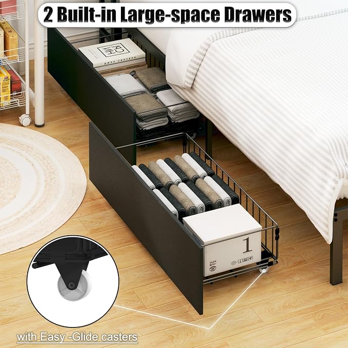 KEIKI Full Size Corner Bed Frames with Storage Drawers, Charging Station, Led Light & Bookcase Headboard, Wooden & Metal L-Shaped Captain Daybed for Small Room, Bedroom, Guest Room, kids'Room, Black
