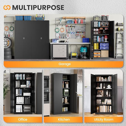 Metal Storage Cabinet with Lock,71" Black Garage Cabinet with 2 Doors and 4 Adjustable Shelves, Steel Locking Cabinets Tall Tool Storage Cabinet, Lockable File Cabinet for Home Office, Pantry