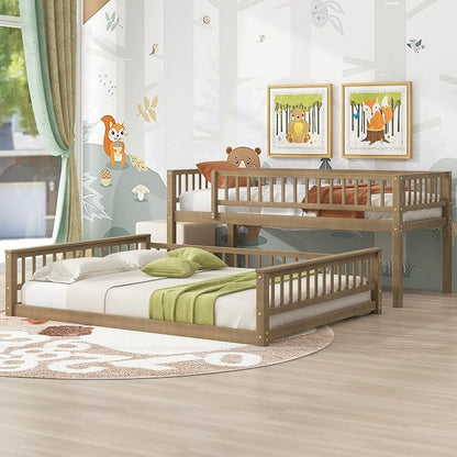 Wood Bunk Bed Twin XL Over Queen Size with Safety Guardrails, Detachable Design Floor Bunk Bed Frame for Kids Teens Boys Girls, Sturdy Slat Support (Walnut-9.30)