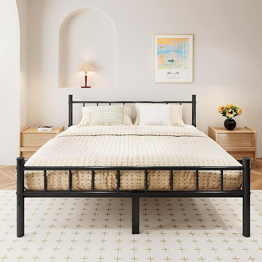 zizin Queen Size Metal Bed Frame with Headboard & Footboard 14 Inch Metal Platform Mattress Foundation Support with Steel Slat, Under Bed Storage, No Box Spring Needed